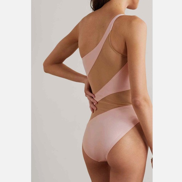 Norma Kamali One-shoulder Mesh-Panel Snake Swimsuit In Blush Sz L - Picture 3 of 8